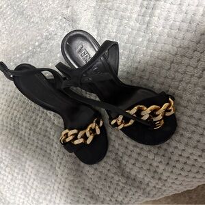 Versace Medusa Chain Pave Crystal Black Satin Strappy Sandals Pumps 37.5